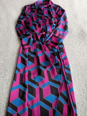 House of Harlow 1960 Magenta, Blue & Black Geometric Long Sleeve Dress